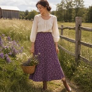 LL‎ Bean Ditsy Floral A-Line Midi Skirt Sz 10 Petite Purple Cottage Prairie Boho
